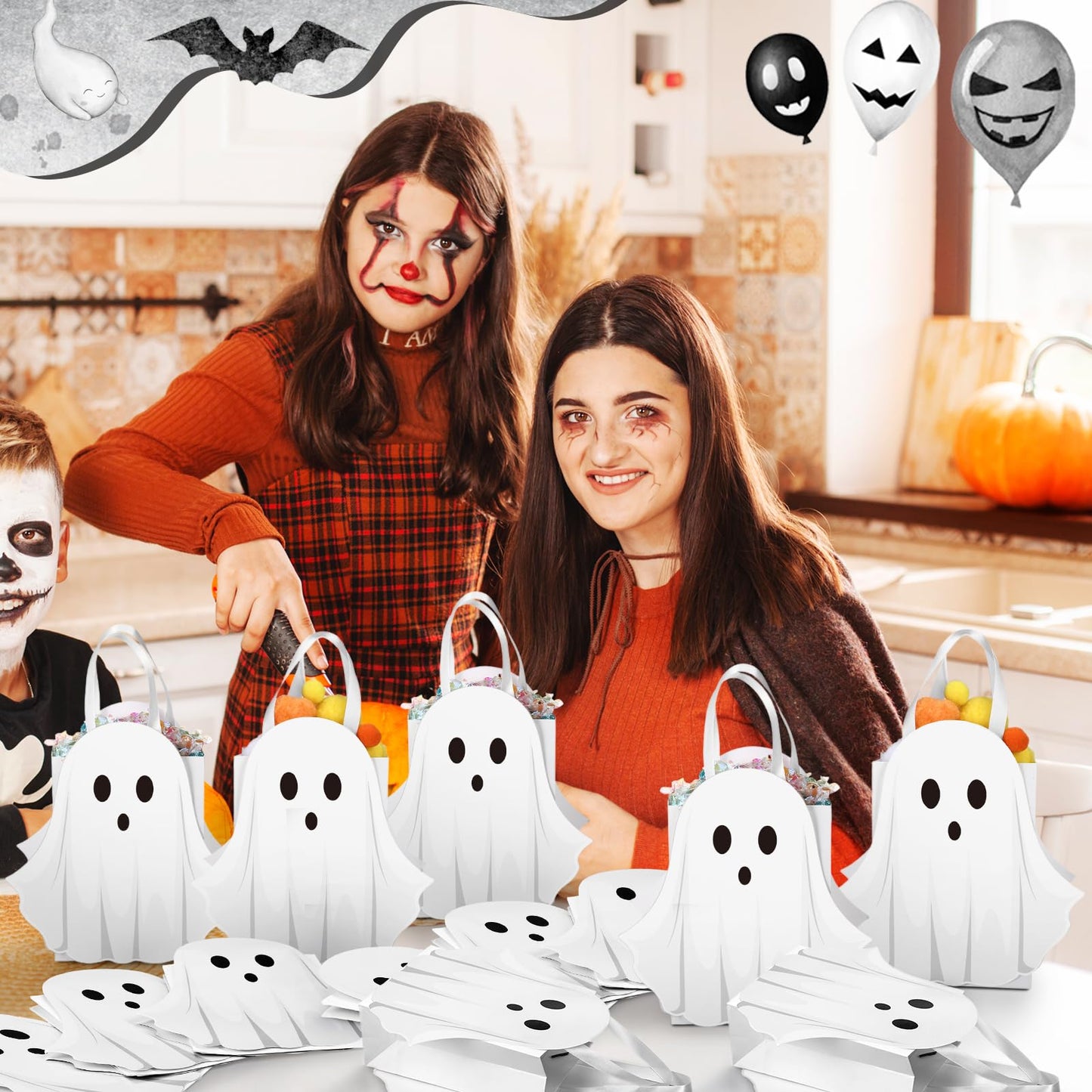 Sweetude 24 Pcs Halloween Ghost Paper Gift Bags Party Favor Bags with Handle for Trick-or-treat Candy Goodie Pastel for Halloween Spooky Birthday Holiday Party Supplies