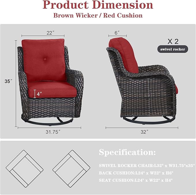 Belord Outdoor Swivel Rocker Patio Chairs - 360 Degree Swivel Glider Seating Wicker Rocking Chairs Set of 2 with High Back Deep Seat for Porch Balcony Deck, Brown/Red