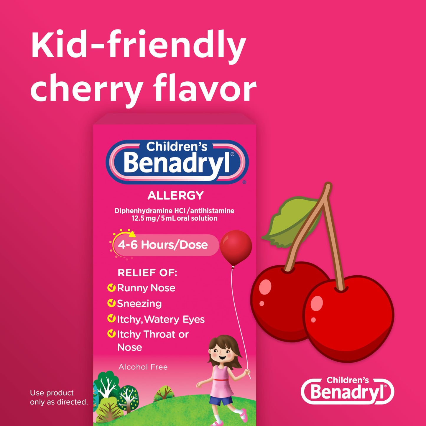 Benadryl Children's Allergy Relief Liquid Medicine with Diphenhydramine HCl Antihistamine for Kids' Allergy Relief, Effective Allergy Relief, Cherry Flavor, 8 fl. oz (Pack of 2)