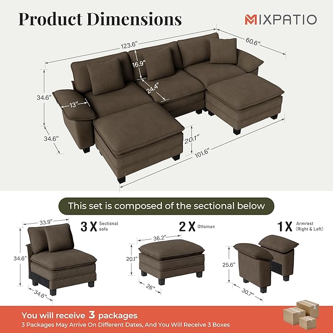 MIXPATIO 123-Inch U Shaped Sectional Sofa with Cloud Cushions, Deep Seat Modular Couch Set w/ 5 Seats & 2 Ottomans, Removable Arms, Plush Chenille Upholstery for Living Room, Apartment - Taupe
