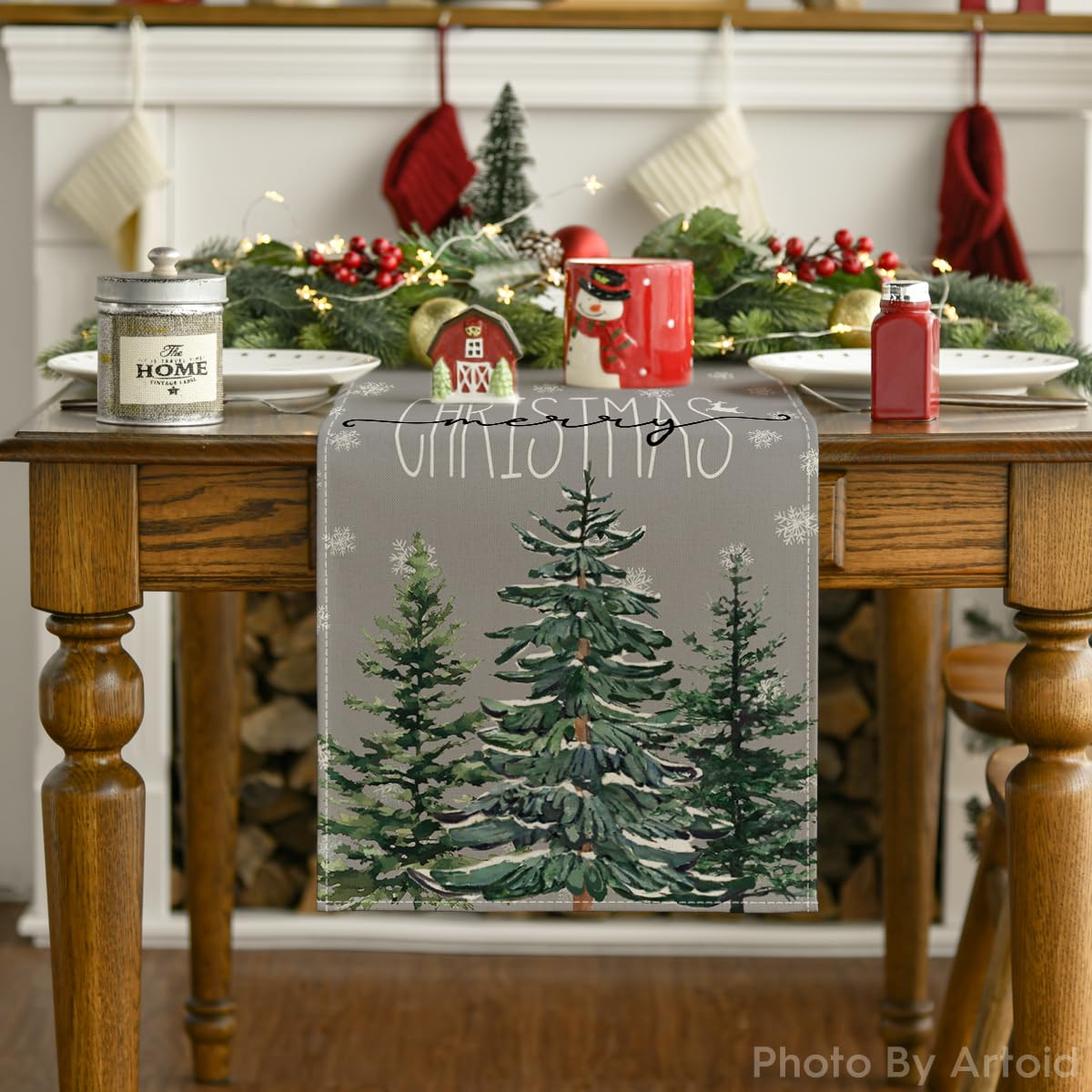 Artoid Mode Pine Tree Snowflake Merry Christmas Table Runner, Seasonal Winter Xmas Holiday Kitchen Dining Table Decoration for Indoor Outdoor Home Party Decor 13 x 72 Inch