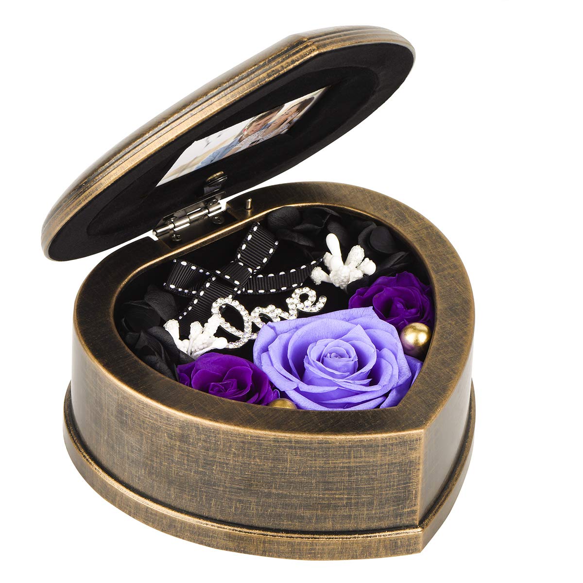 Neaticoo Handmade Preserved Flower Real Purple Rose in Musical Box with Photo Frame, Mother's Day Long Lasting Real Flower Gifts for Her Women Wife on Valentine's Day Birthday or Anniversary -Purple