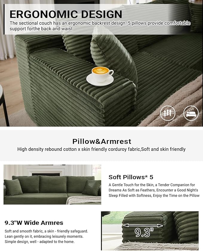 Vanress Cloud Couch Sectional, Corduroy Boneless Couch with L-Shape Chaise, Modern Modular Sectional Sofa Comfy Deep Seat for Living Room, Bedroom, No Assembly (Green, Right Facing Chaise)