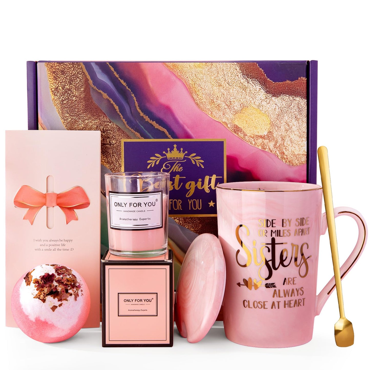 Sister Birthday Gifts from Sister Brother, 7pcs Relaxing Bath Set Basket with Funny Gold Print Mug, Scented Candle, Greeting Card, Self Care Set, Idea for Sisters in Law, Soul Sisters, Nice Gift Boxed