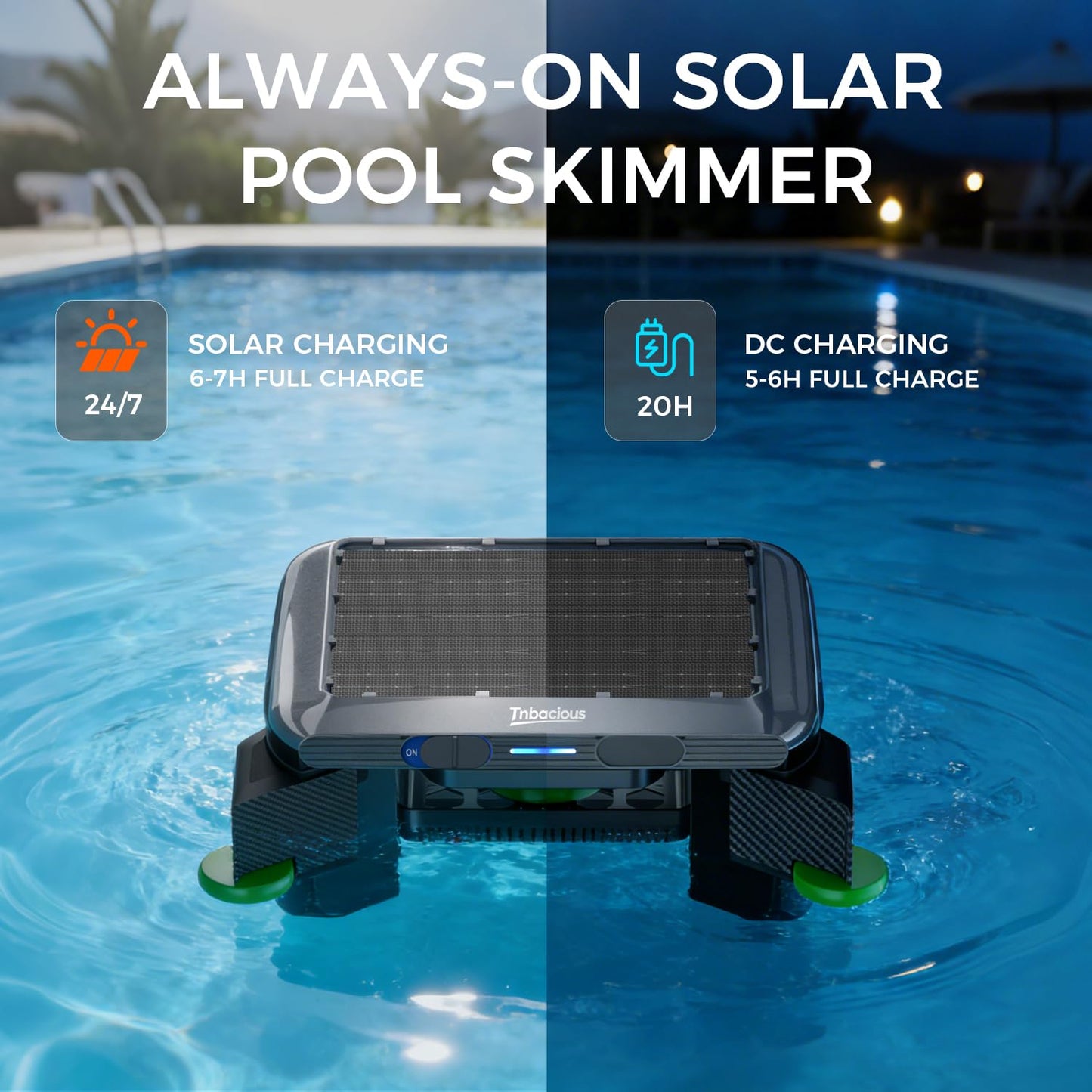 Solar Powered Pool Skimmer Robotic, Automatic Pool Surface Cleaner with APP Support, 24/7 Continuous Cleaning, Dual Charging Modes, Shallow Water Safeguard, Ideal for Above Ground & Inground Pools
