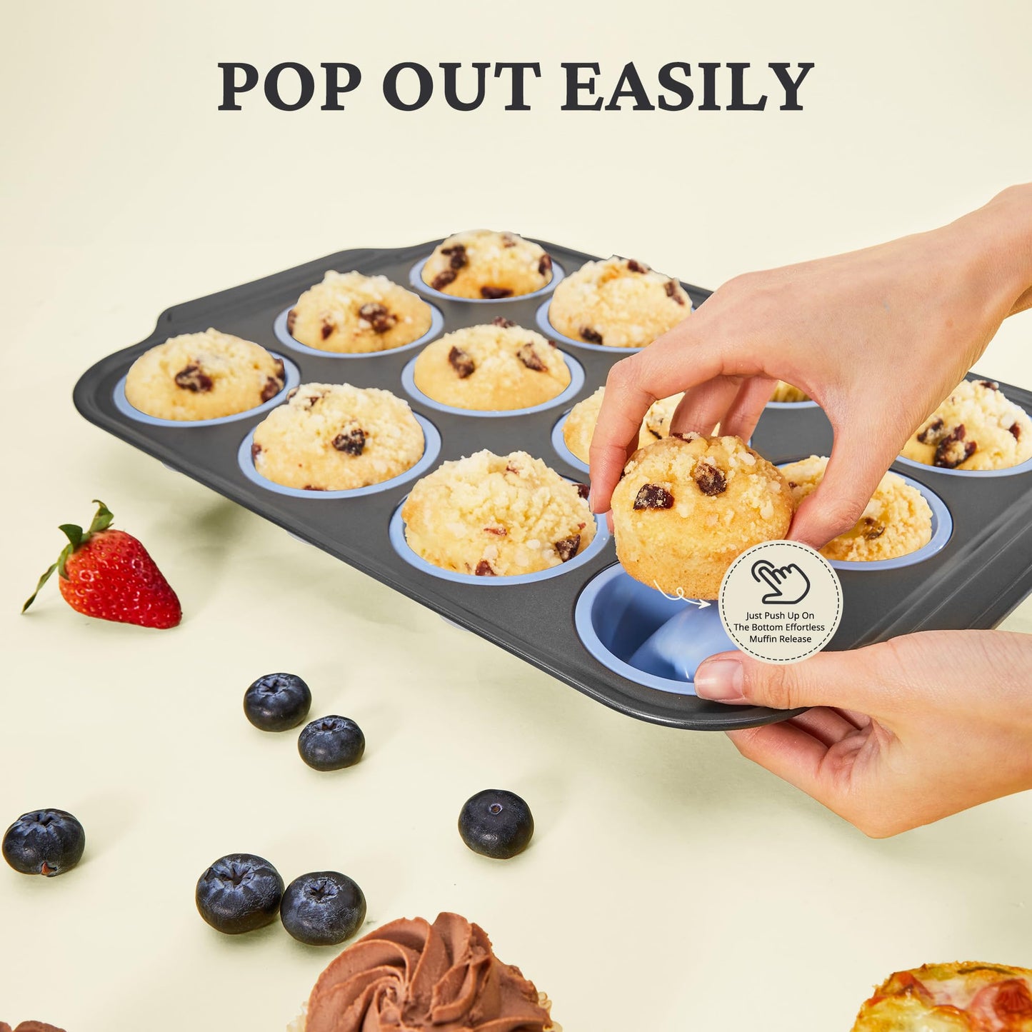 Silicone Muffin Pans for Baking with Metal Frame, Egg Bite Molds, Cupcake Pans 12 Regular Size, Muffin Tins Easy to Pop Nonstick Non Toxic Bakeware for Oven,Blue