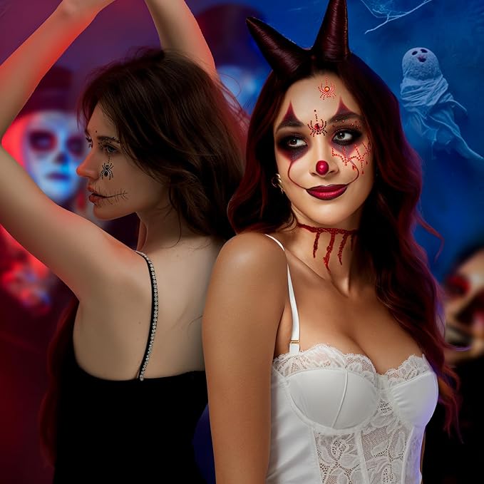 YGDZ Face Gems, Face Jewels for Women, Stick On Red, Black Face Rhinestones, Halloween Makeup Face Stickers, 3D Spider Web Jewels Stickers, Rave Accessories