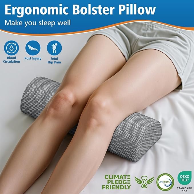 SweetSlubr Knee Pillow for Side Sleepers, Half Moon Memory Foam Bolster Pillow for Legs, Ergonomic Design Wedge Elevation Pillow for Side & Back Sleeping, Under Knee Support, Foot, Ankle, Lumbar,Gray