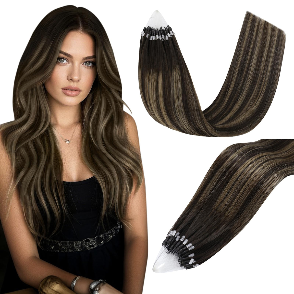 Easyouth Invisible Micro Bead Hair Extensions Human Hair Dark Brown Fading to Light Brown Micro Ring Hair Extensions Microlink H