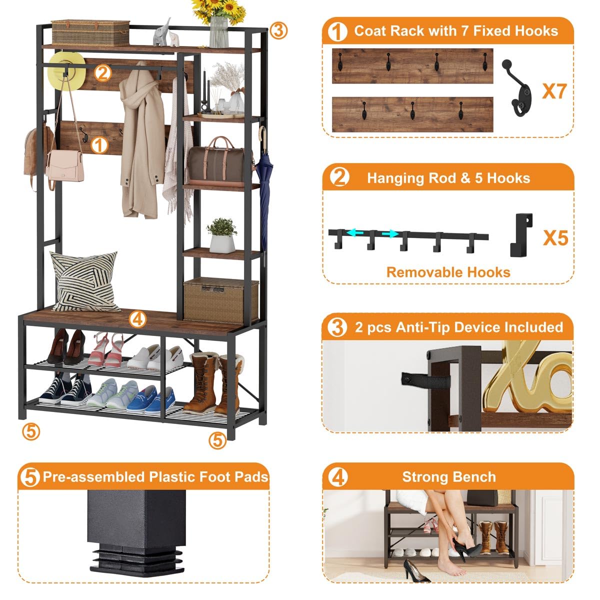 BON AUGURE Hall Tree with Shoe Storage, 5-in-1 Reversible Entryway Bench with Coat Hooks for Hallway, Rustic Wood and Metal Coat Rack with Shelves for Mudroom (Rustic Oak)