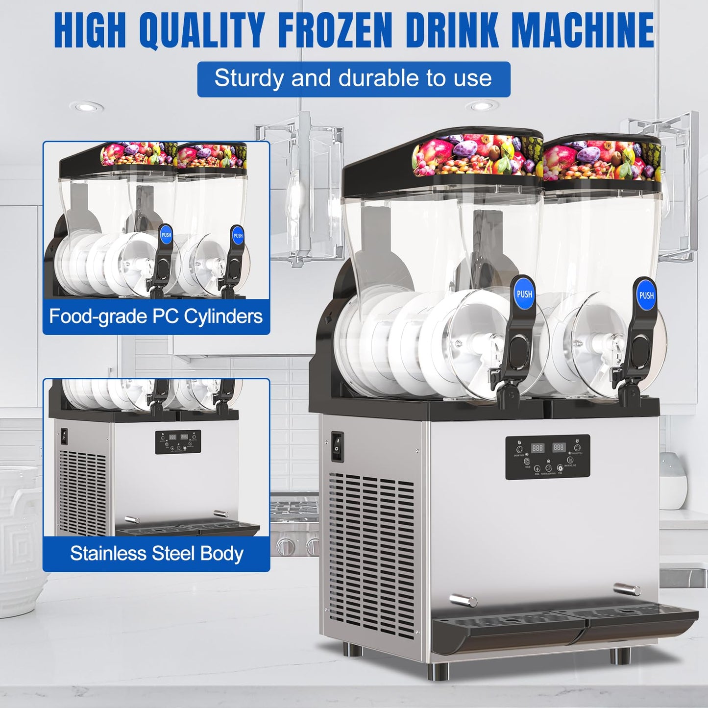 XPW Commercial Slushy Machine 500W 15L Tanks Commercial 110V Slushie Maker Machine 304 Stainless Steel Margarita Machines Quick Frozen Slush Maker for Bars Cafes Restaurants
