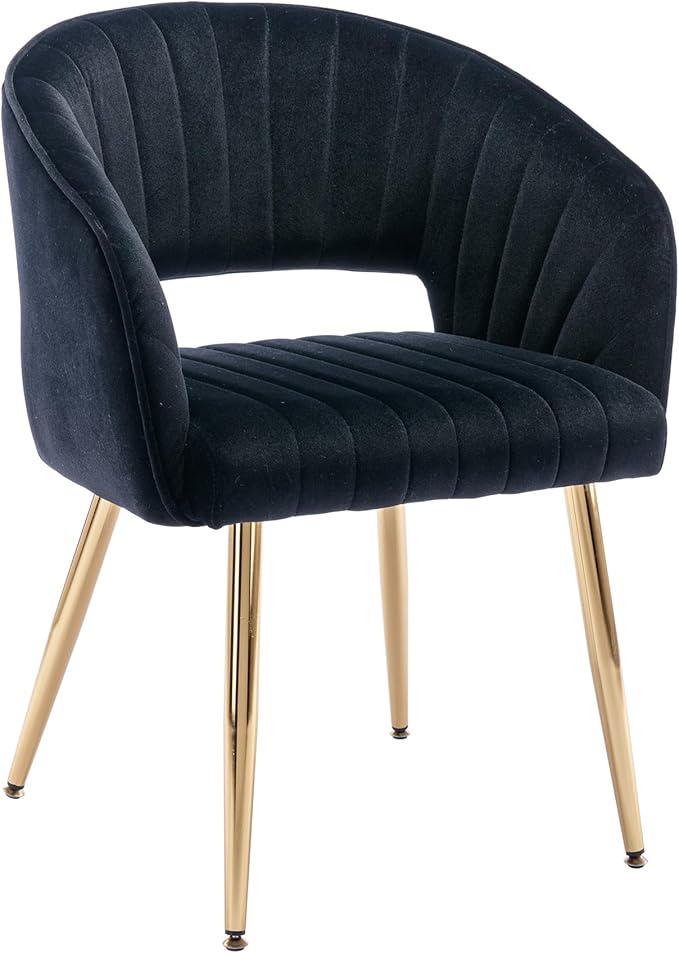 KCC Modern Velvet Desk Chair Accent Armchair Upholstered Tufted Chairs Dining Chairs, Tufted Vanity Chairs Side Chairs with Gold Metal Legs for Dining Room Living Room Restaurant, 1 PC & Black