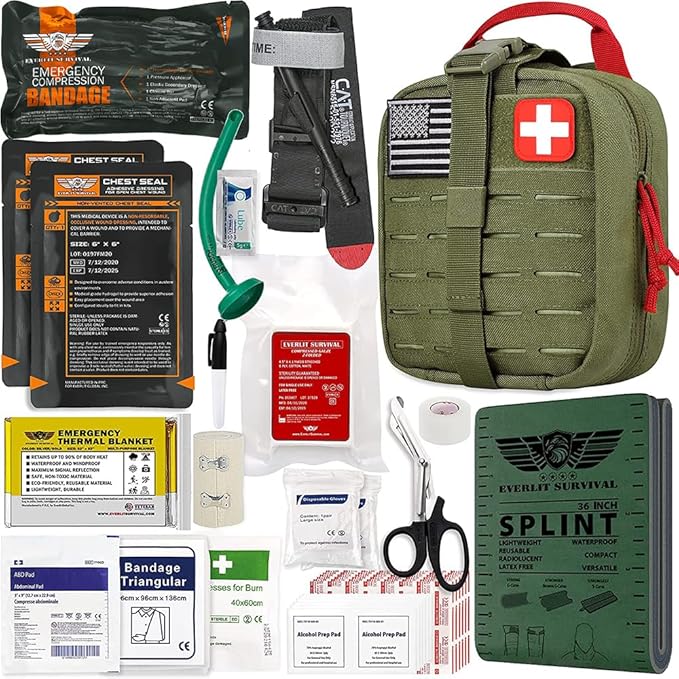 EVERLIT Advanced Trauma Kit, CAT GEN-7 Tourniquet, TCCC Compliant, Mil-Spec Nylon Laser Cut Pouch with 36" Splint, Militar...
