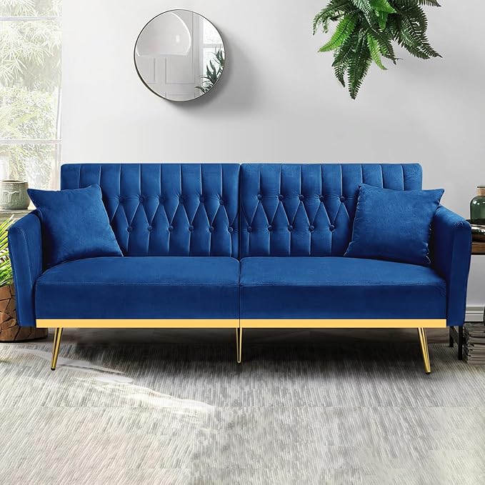 ACMEASE 70” Velvet Futon Sofa Bed w/Adjustable Armrests and Backrest, Convertible Futon Couch w/2 Pillows, Modern Sleeper Bed for Living Room, Bedroom, Blue
