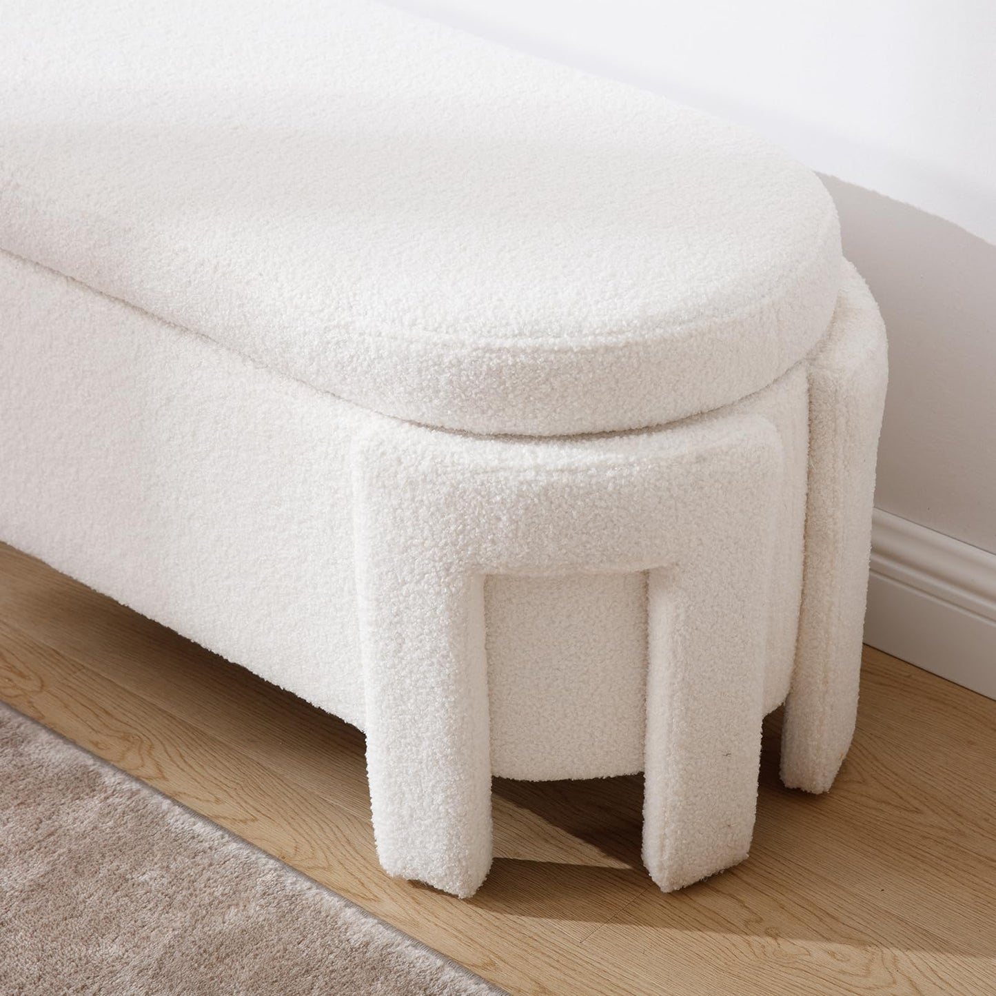 Janoray Modern Upholstered Storage Bench, Boucle Sherpa Fabric 50" Long Entryway Bench with Storage and Seating, Comfy Cute Ottoman Bench for Living Room/End of Bed/Hallway, White