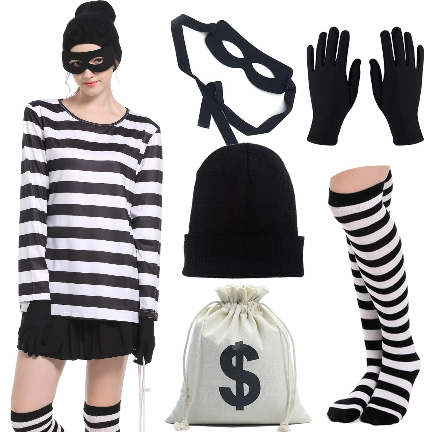 Eledvb Adult Women's Robber Costume Set Black and White Striped T-Shirt Thief Accessories for Halloween Cosplay Costume