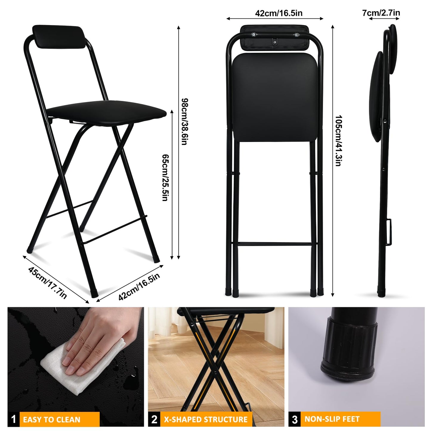 FATOLRD Folding Bar Stool with Back, 1 pcs Tall Foldable Stool Chair Portable Adult Collapsible Stools Counter Height Seat Leather Padded Kitchen Shop Comfortable Sturdy