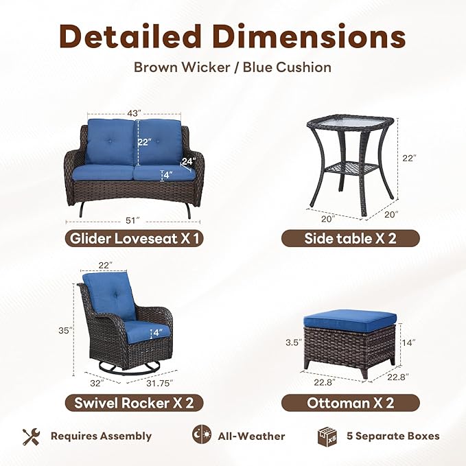 Belord Outdoor Patio Furniture Set - 7 Piece Brown Wicker Conversation Patio Furniture Set All Weather Swivel Chairs with Ottoman and Loveseat Glider Chair for Deck Balcony Backyard