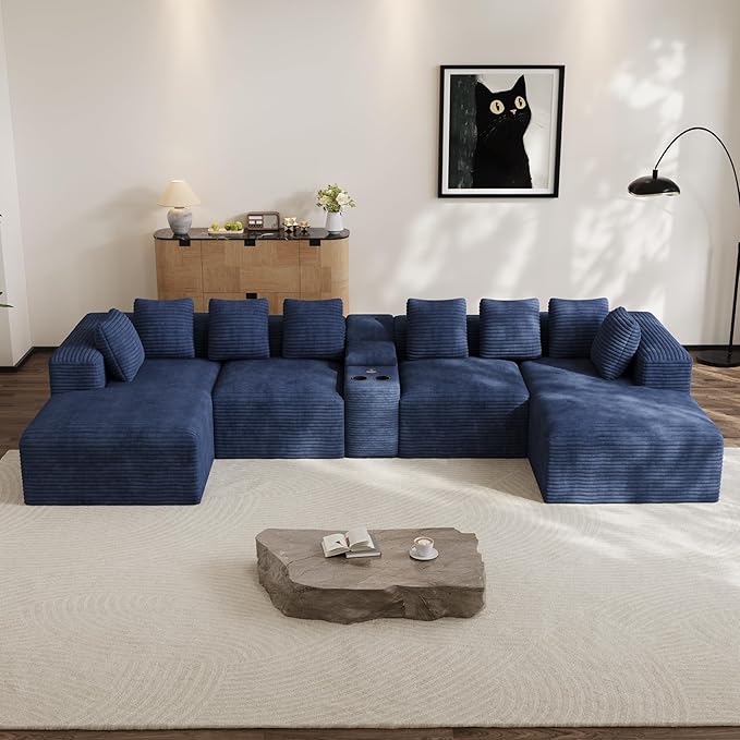 Modular Sectional Sofa with USB Cup Holders Storage, 143" U Shaped Cloud Couch Plush Corduroy Deep Seat Boneless Sofas with Double Chaise Lounge Sectional Couches Memory Foam for Living Room - Blue