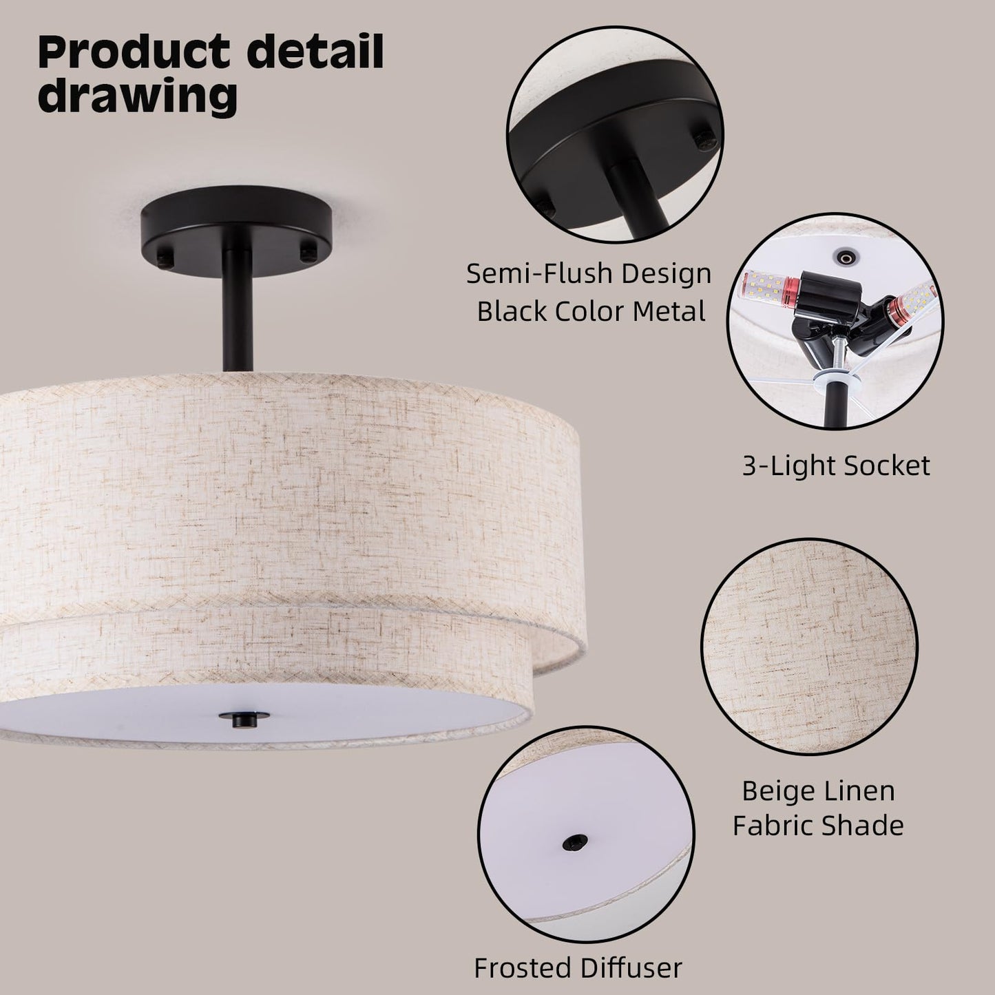 Aufrichting Drum Semi Flush Mount Ceiling Light, 16 inch 3 Lights Ceiling Light Fixture with 2-Layer Fabric Shade, Black Farmhouse Drum Ceiling Lighting for Bedroom Hallyway Dining Room Kitchen