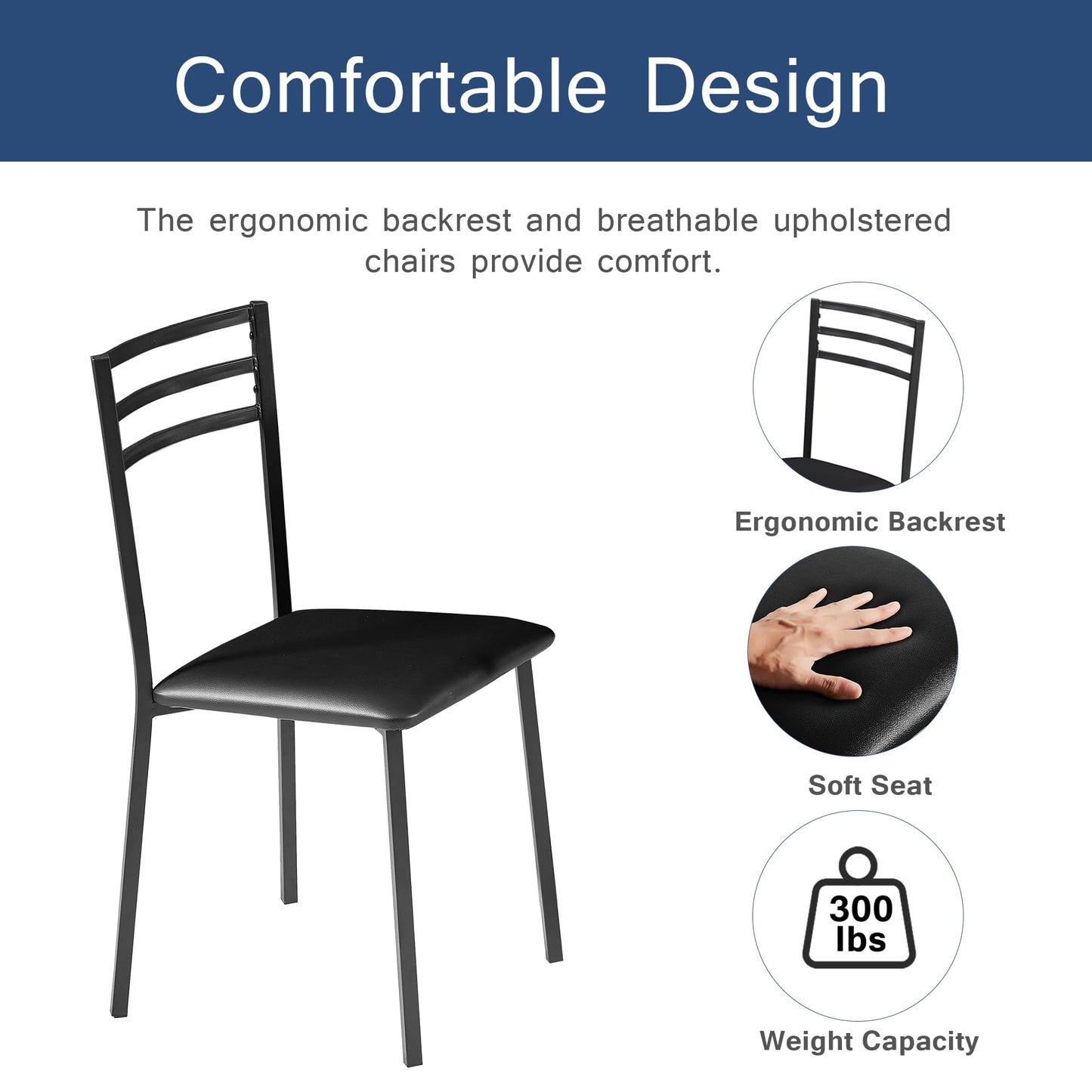 VECELO Small Round Dining Table Set for 2, Heavy-Duty Metal Frame & Upholstered Chair for Breakfast Nook, Kitchen, and Small Space, Black