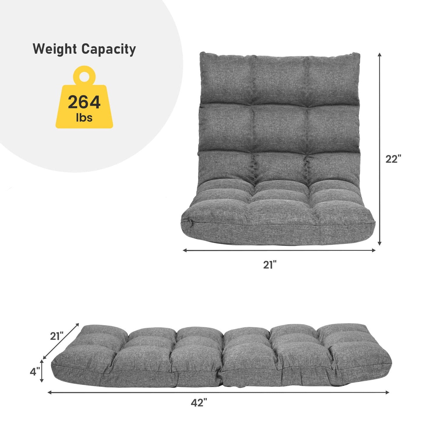 COSTWAY Floor Chair, Folding Gaming Chair with Back Support, 14 Adjustable Positions, Alloy Steel Frame, Lazy Sofa Lounge for Playing Reading Meditating Room Recliner for Adults, Kids (Gray)