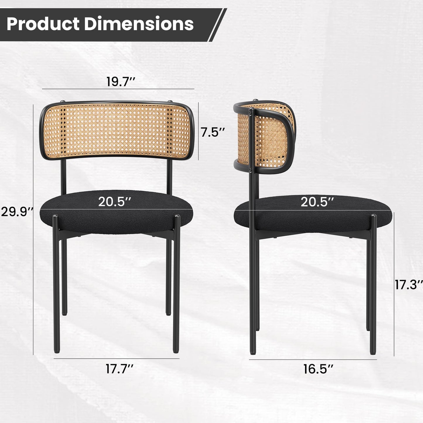 Farini Modern Upholstered Dining Chairs Set of 4,Rattan Back Dining Room Chairs,Accent Kitchen Chairs with Metal Legs,Black
