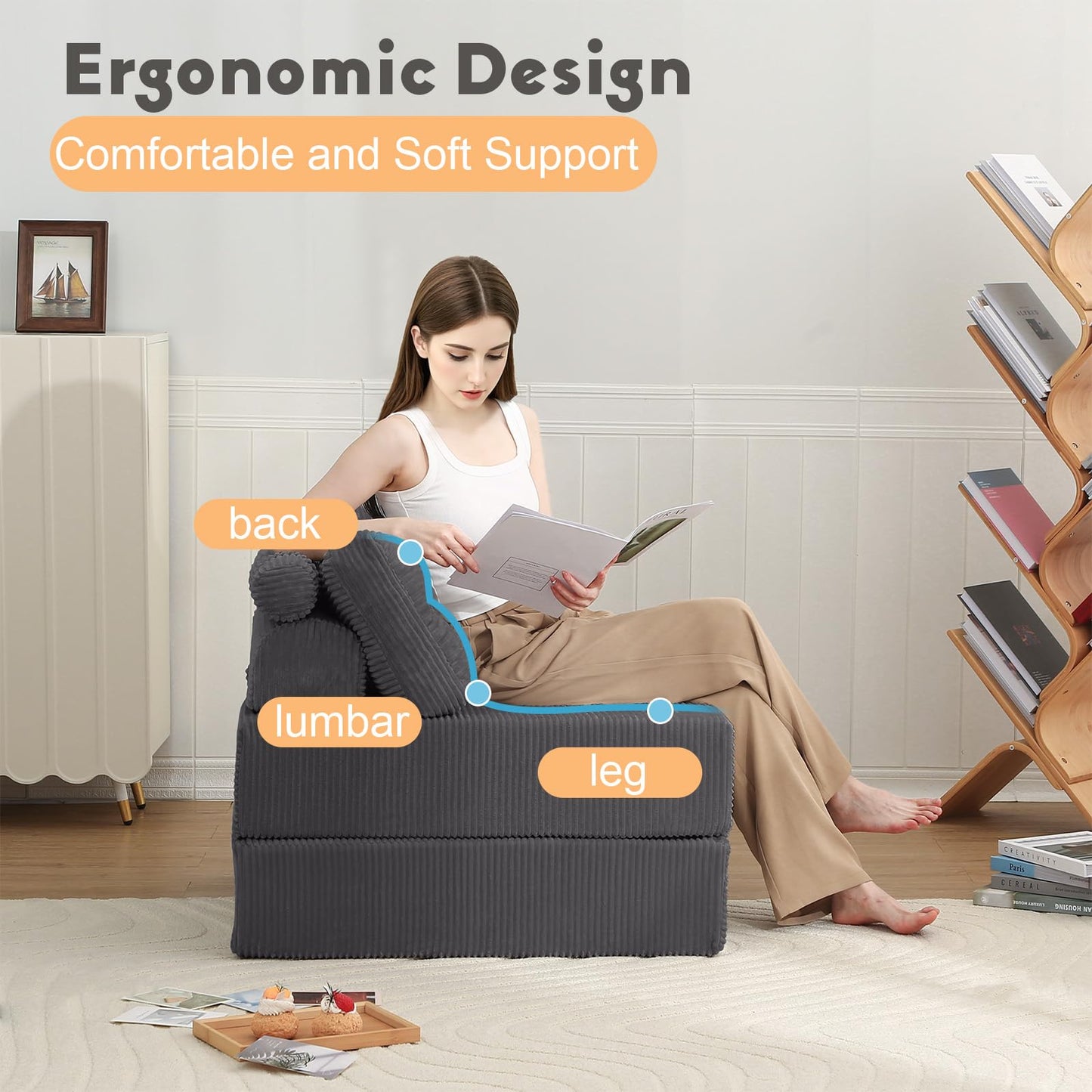MeMoreCool Convertible Sofa Bed Folding Bed Chair, Boneless Sleeper Chair with Pillow, Fold Out Couch Lazy Floor Futon Lounger for Guest Small Space, Portable Foldable Mattress Couch Single, Grey