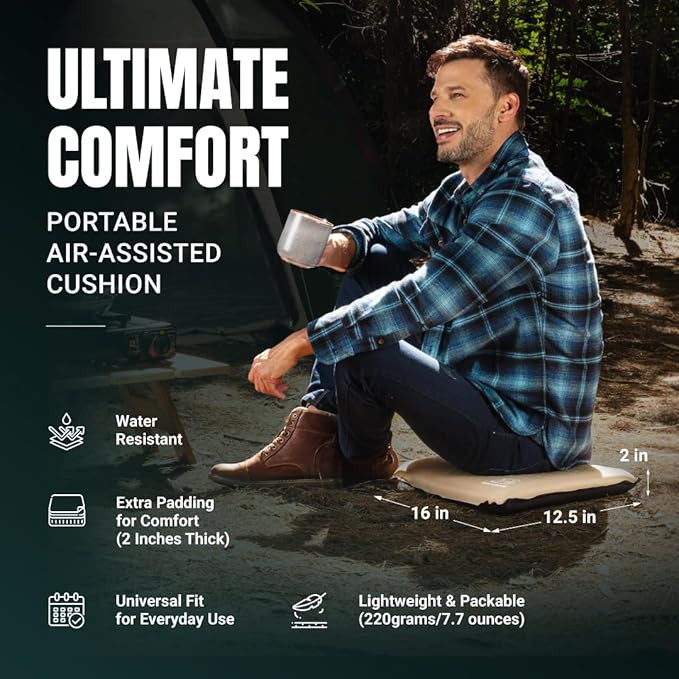 Inflatable Seat Cushion – Stadium, Airplane & Travel Comfort - 2 Inch Thick Self-Inflating Foam, Perfect for Bleachers, Camping, Office, Car - Includes Travel Bag and Carabiner