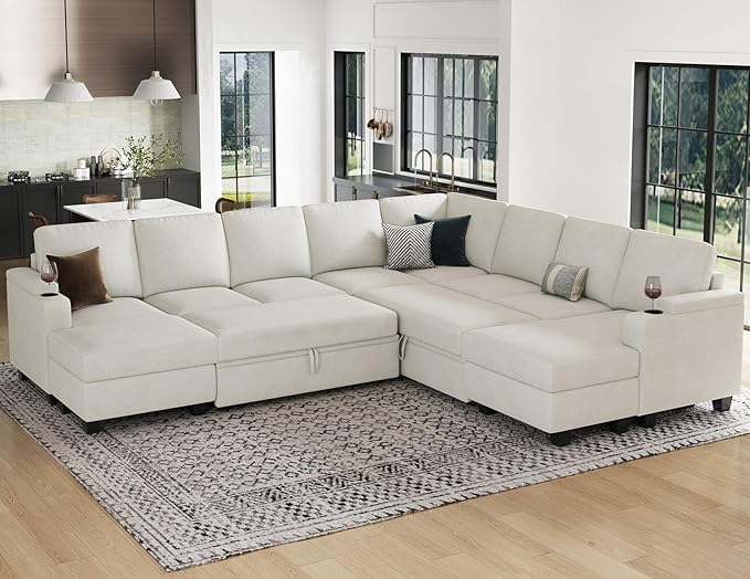 Belffin Oversized Sleeper Sofa U Shaped Modular Sectional Couch with Double Storage Chaise Convertible Sofa Bed. White Couch
