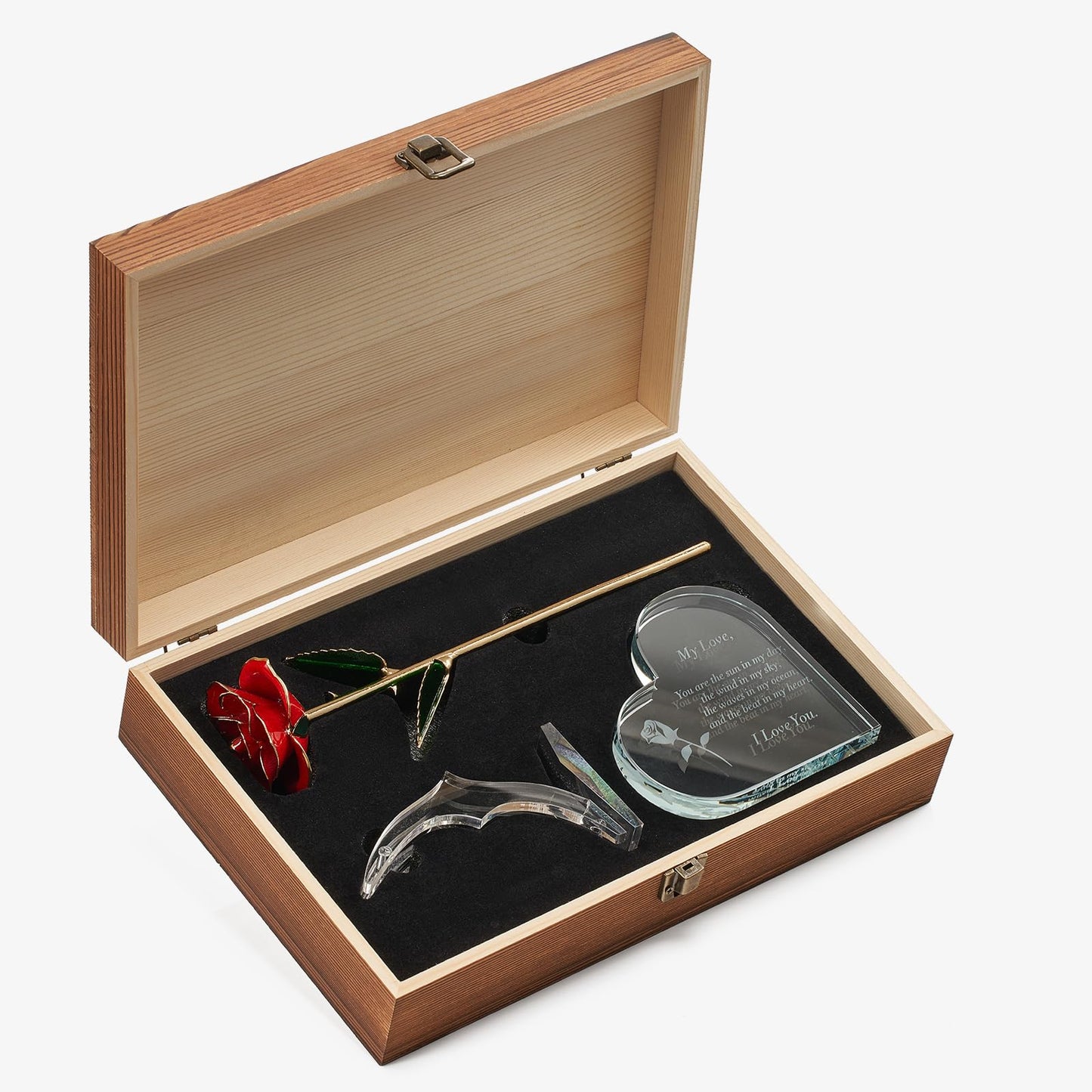 Gift for Anniversary to Wife, Her – Engraved Wooden Set 'To My Love' with Crystal Engraved Heart & 24K Gold Dipped Rose – Romantic Birthday Gifts for Women, Girlfriend, Unique Love Gift Idea