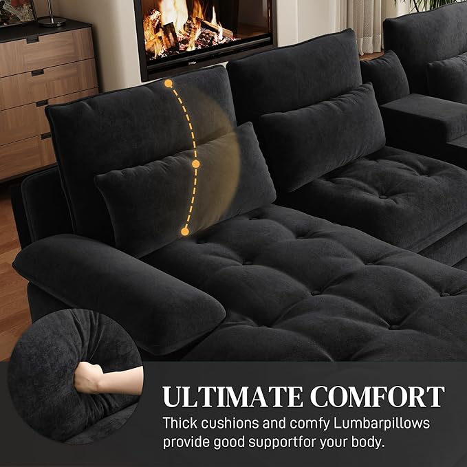BEQAI 134"U Shaped Sectional Couches for Living Room,Oversized Modular Sectional Fluffy Couch with Chaise Lounge & Tufted Buttons,Modern Chenille 6 Seat Living Room Sofa Set with Storage Console,Black