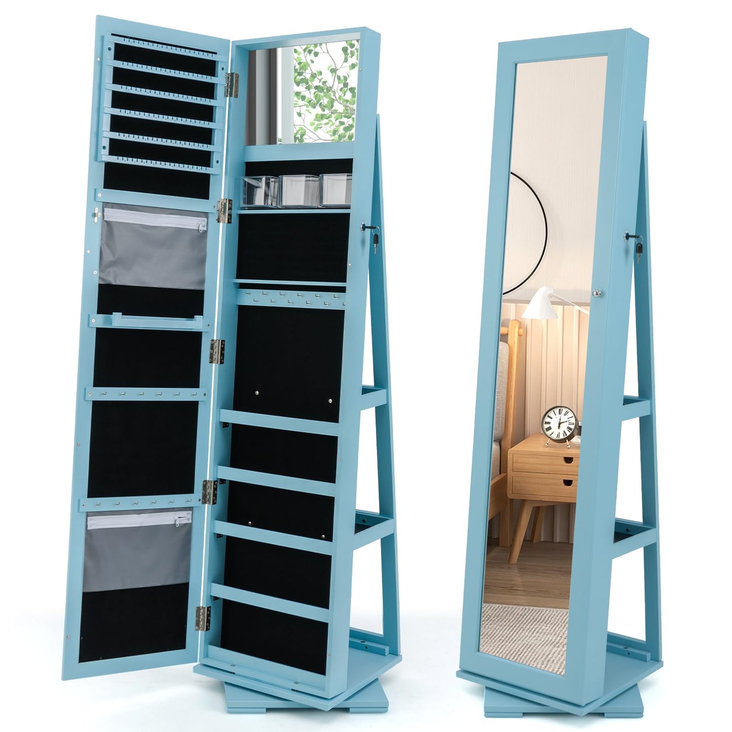 MAT EXPERT 360 Rotating Jewelry Armoire with Mirror, Freestanding Jewelry Storage Mirror w/78 Ring Slots, 24 Necklace Hooks, 120 Earring Slots, Lockable Jewelry Organizer for Makeup (Blue)