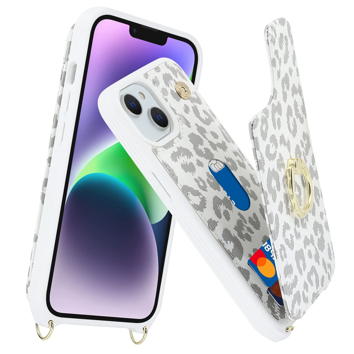 Lipvina For Iphone 14 Plus Case With Card Holder And Strap For Women,Crossbody Lanyard,Stand Ring Kickstand,Snap Clasp,Cute Phon