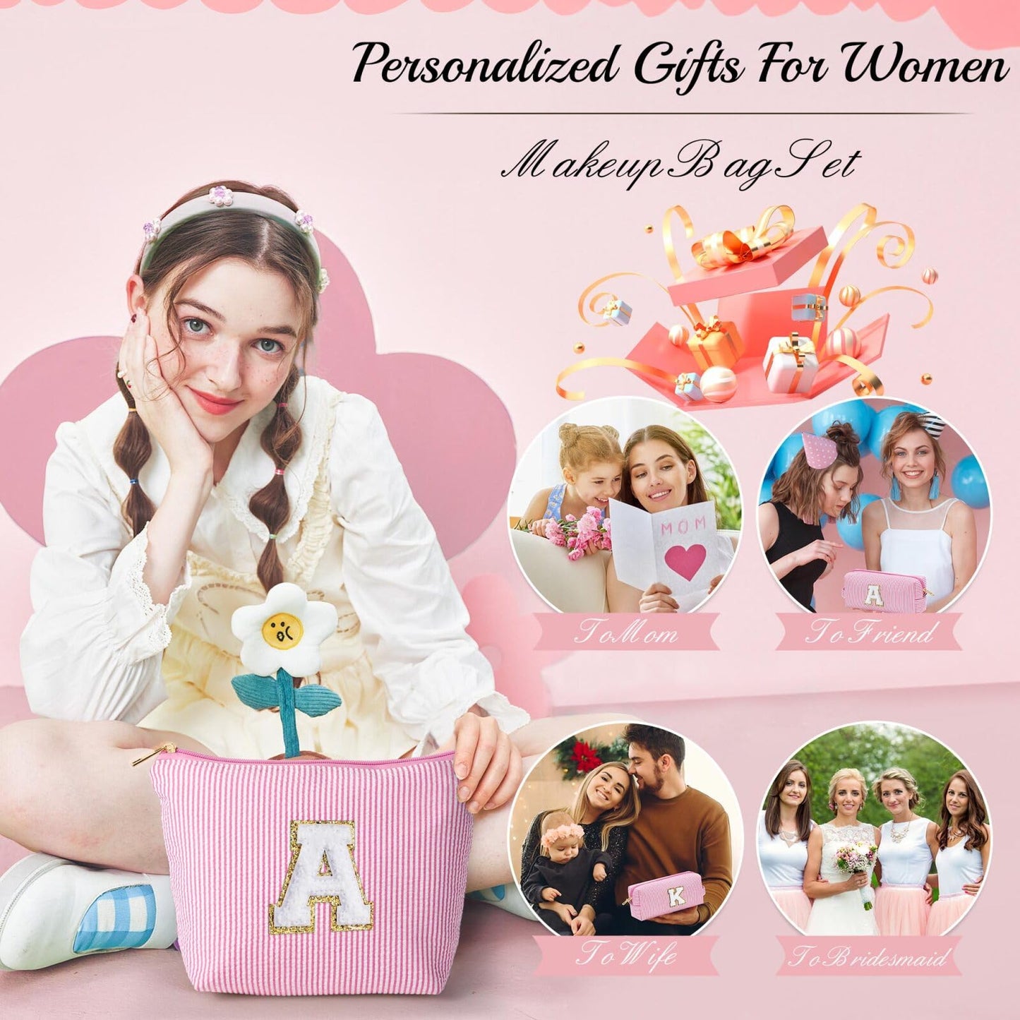 YOOLIFE Cute Gifts Travel Makeup Bag - Pink Travel Cosmetic Bag for Women Yoga, Picnic, Personalized Best Friend Birthday Gifts with Monogram