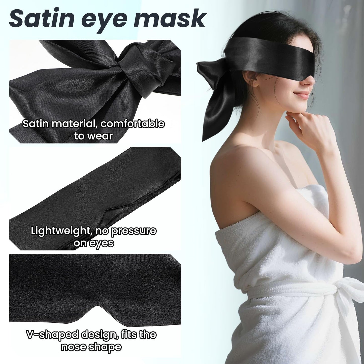 Soft Black Satin Eye Mask, Eye Mask Blindfold for Women Men Comfortable Satin Sleep Masks Silk Satins Blindfold Sleep Masks Eyes Cover Silk Sleeping Blind Folds for Night Sleeping Travel