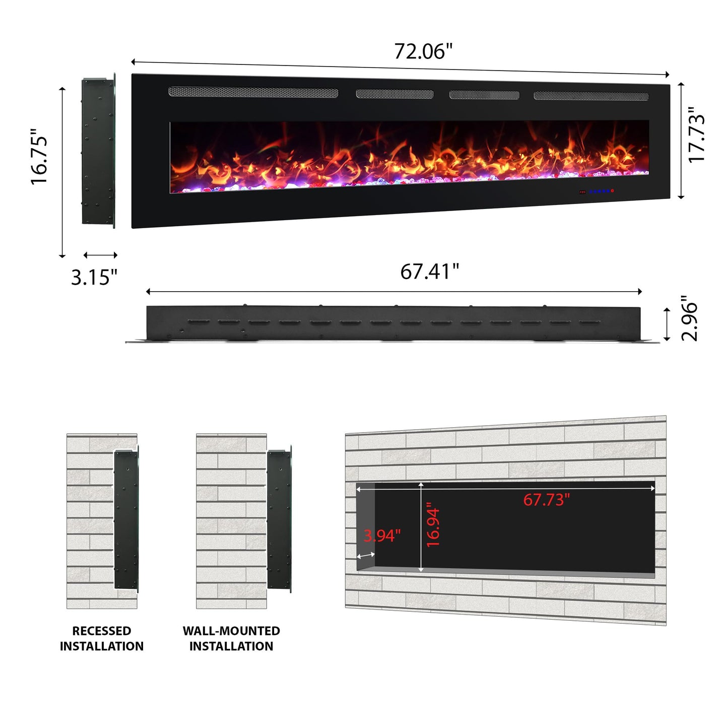Prismaster 72" Electric Fireplace Insert, Ultra Thin Linear Fireplace Heater, Wall Mounted Recessed, Adjustable Flames& Brightness, 750W /1500W, Timer