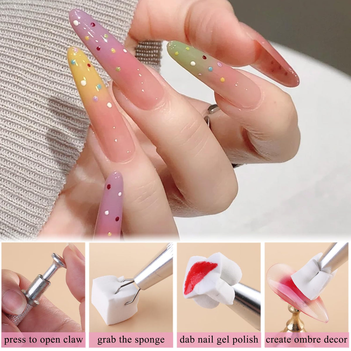 Fcozpjk 100Pcs Soft Nail Sponges for Ombre, Gradient Effect White Nail Art Sponges With Grabbing Pen 6Pcs Wedge Sponges Aura Nai