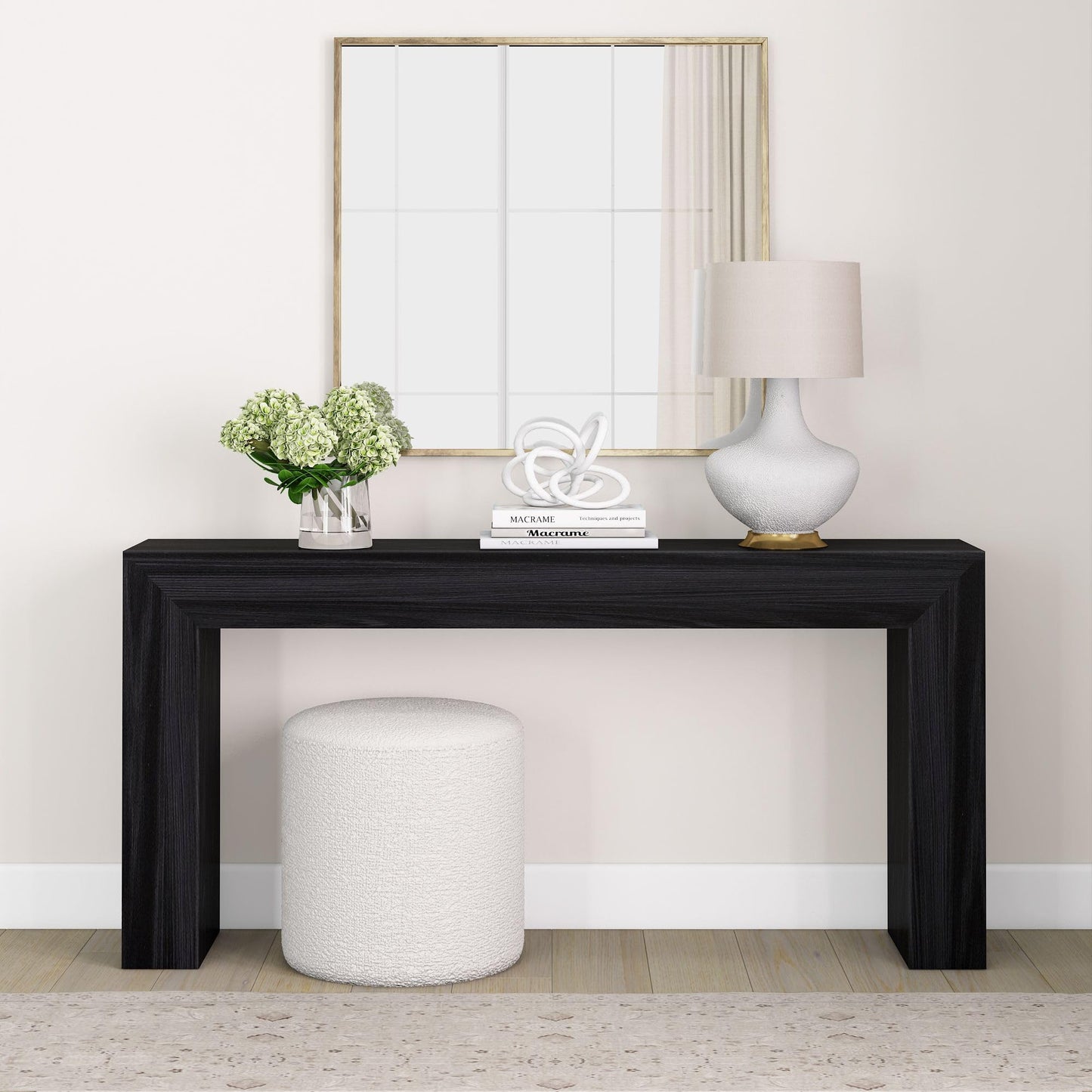 Plank+Beam Grand Console Table, 66 Inch Modern Solid Wood Sofa Table, Narrow Entryway Table for Hallway, Behind The Couch, Living Room, Foyer, Black Wirebrush