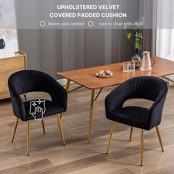 COMULER Black and Gold Velvet Dining Chairs, Modern Dining Room Chairs with Arms Set of 2 Upholstered Accent Chair Armchair with Barrel Back for Kitchen Living Room