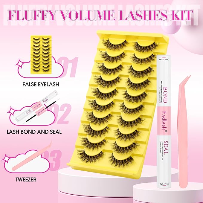 FADLASH False Eyelashes Kit 10 Pairs Cat Eye Lashes Mink Lashes Wispy with Lash Bond and Seal and Tweezer Fake Eyelashes Natural Look Handmade Eyelashes Fake Lashes Strips (LZ-201 Kit)