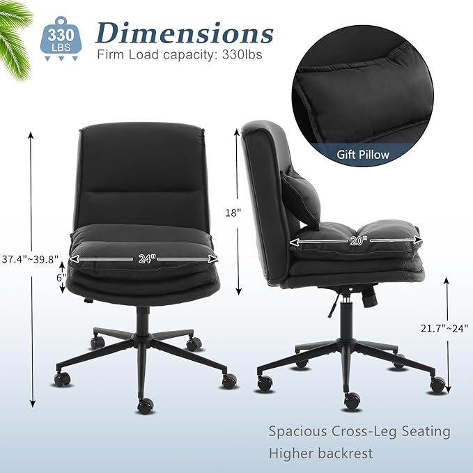 VINGLI Cloud Criss Cross Legged Chair,18" High Back Armless Home Office Desk Chair with Wheels,Wide Adjustable Comfy Padded Seat Task Computer Chair,Modern Swivel Makeup Vanity Chair,Microfiber,Black