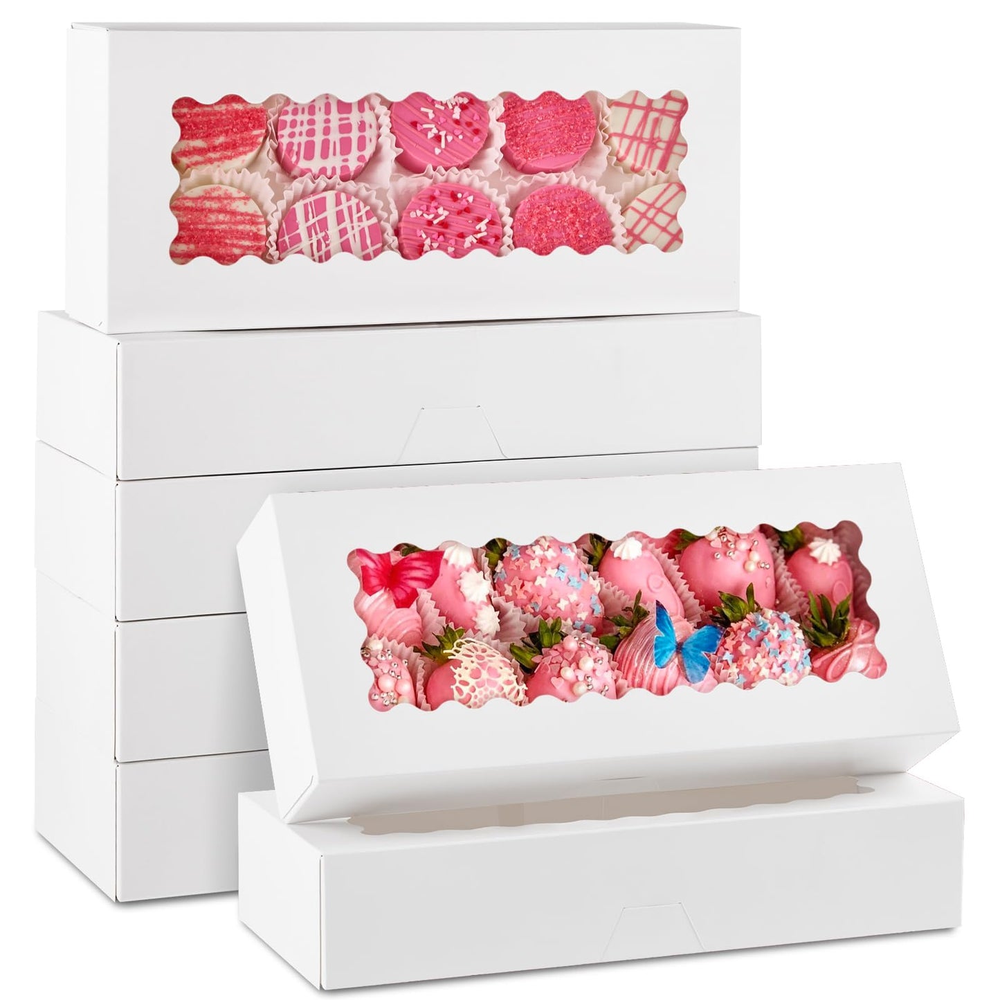 ZORRITA 30 Pack Auto Pop-up Cookie Boxes with Window, 12.5" x 5.5" x 2.5" White Bakery Boxes Treat Boxes for Chocolate Covered Strawberries, Cake Pops, Donuts, Cocoa Bombs, Sugar Cookies, Pastries