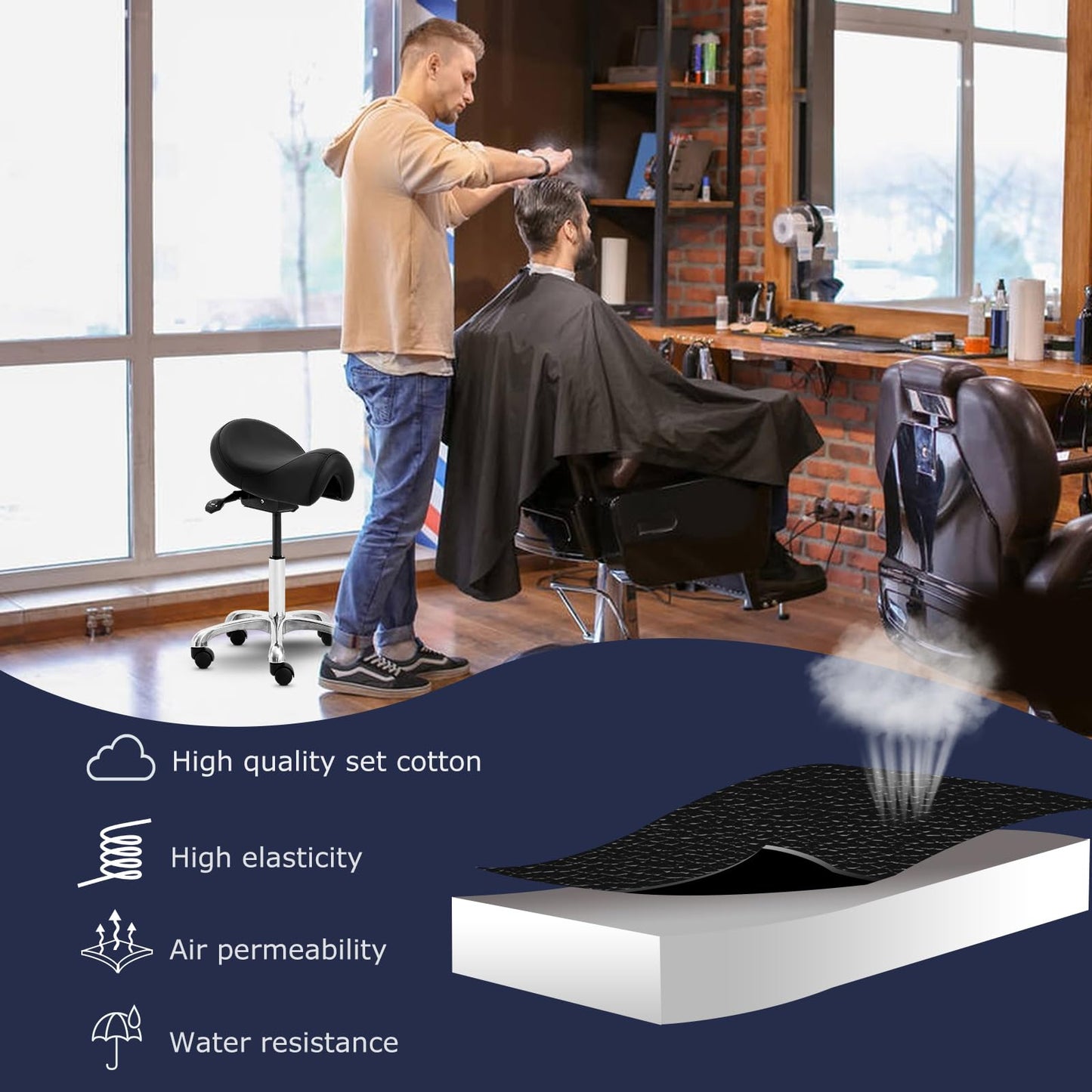 Eognyzie Saddle Stool with Wheels, Height Adjustable Ergonomic Rolling Saddle Chair for Salon Tattoo Shop Spa Home Dentist Clinic, Black Saddle Stool