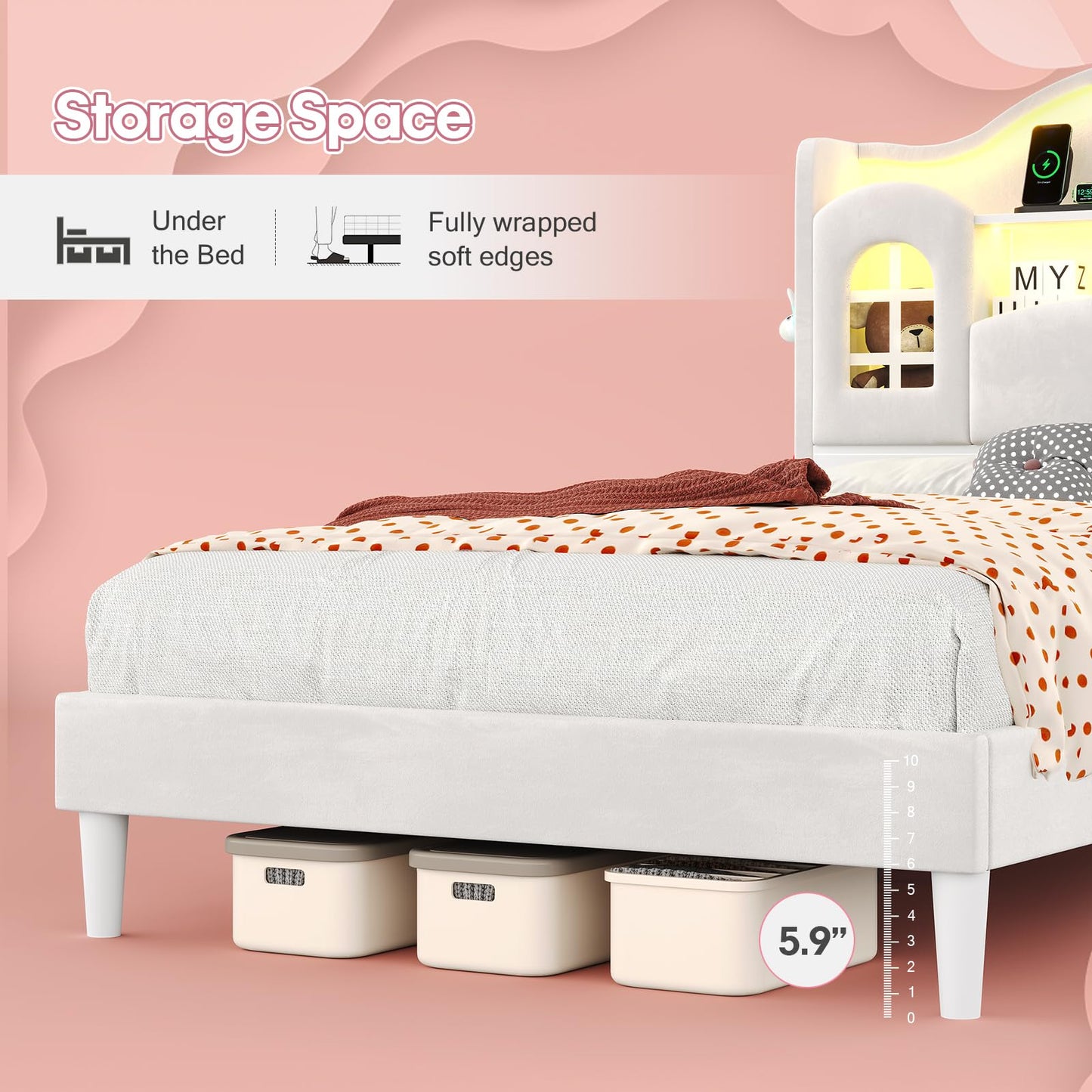 Dnxao Twin Bed Frames with Storage Headboard,4 Pockets, Princess Bed with LED Lights,Charging Station,Girl Bed with Solid Wood Slats Support,Easy Assembly,Creamy White