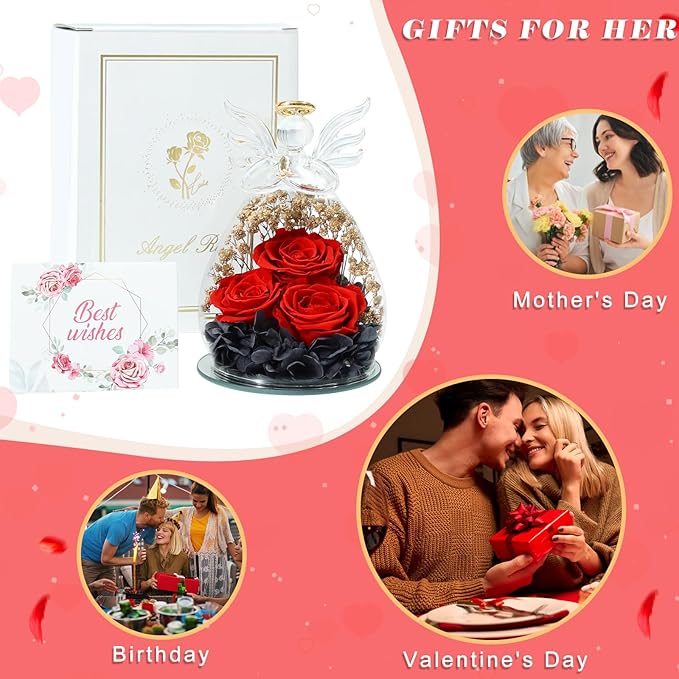 Beferr Valentines Day Rose Gifts for Her Women Mom Gifts for Birthday, Fresh Flowers for Delivery Forever Preserved Rose in Glass Angel Figurine, for Grandma Wife Daughter Girlfriend