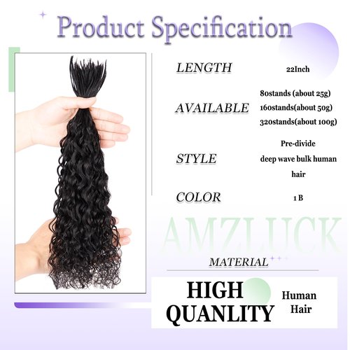 Pre-Divided Human Braiding Hair for Boho Braids Water Deep Wave Human Hair Bulk for Braiding Curly Human Hair for Boho Locs Boho Crochet Braids Human Hair Extensions (1B, 22"-320Strands)