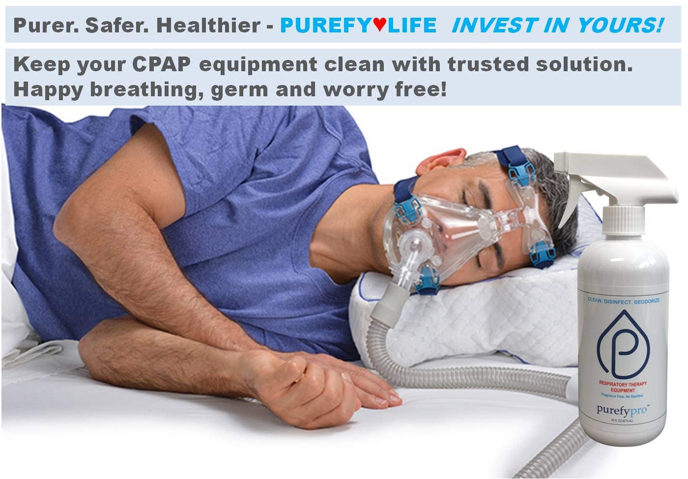 Purefypro CPAP Cleaner and Sanitizer Spray (16oz, 2pk). No Rinse. No Residue. Kills 99.9999% Norovirus, Flu Virus, and Fungi, Drug Resistant Germs. Unscented.