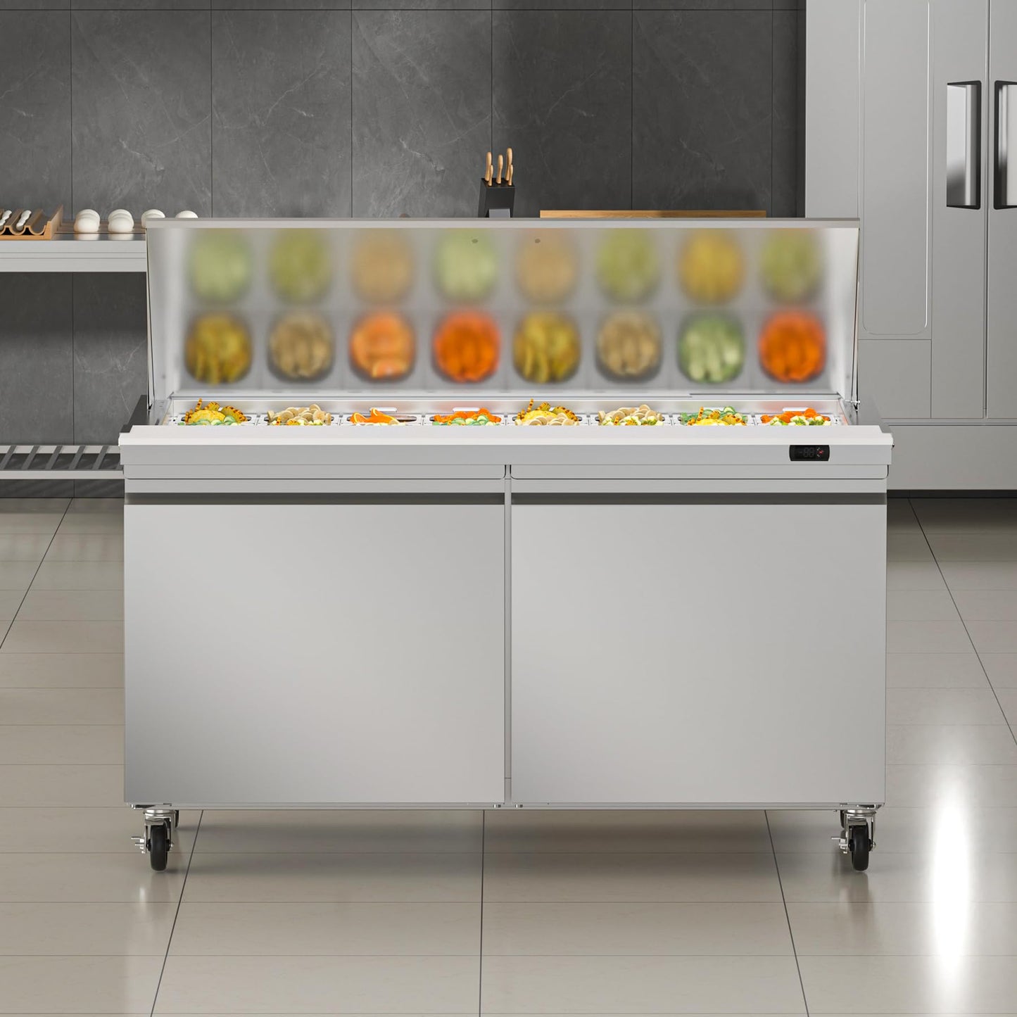 Rockitch 60" W Commercial Refrigerator Sandwich Salad Prep Table, 17.8 Cu.ft 2 Door Commercial Stainless Steel Mega Top Food Prep Fridge with 24 Pans, Salad Prep Station for Restaurant, Bar, Shop