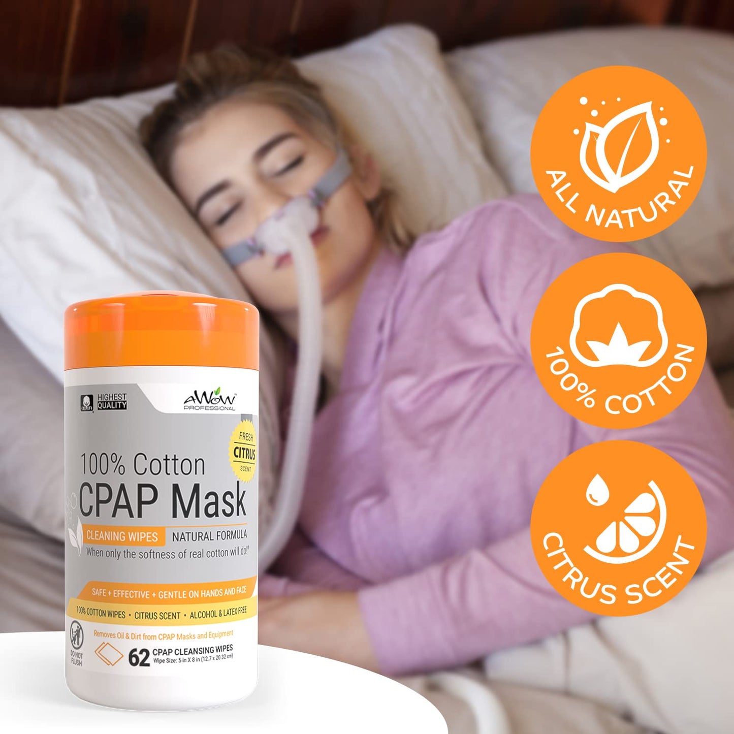 AWOW Scented CPAP Wipes CPAP Mask Cleaner for Daily CPAP/BiPAP Mask Maintenance, 100% Cotton Safe on CPAP Masks, Mildly Scented Citrus Fragrance 62 ct CPAP Mask Wipes (3pk, 186 CPAP Cleaning Wipes)
